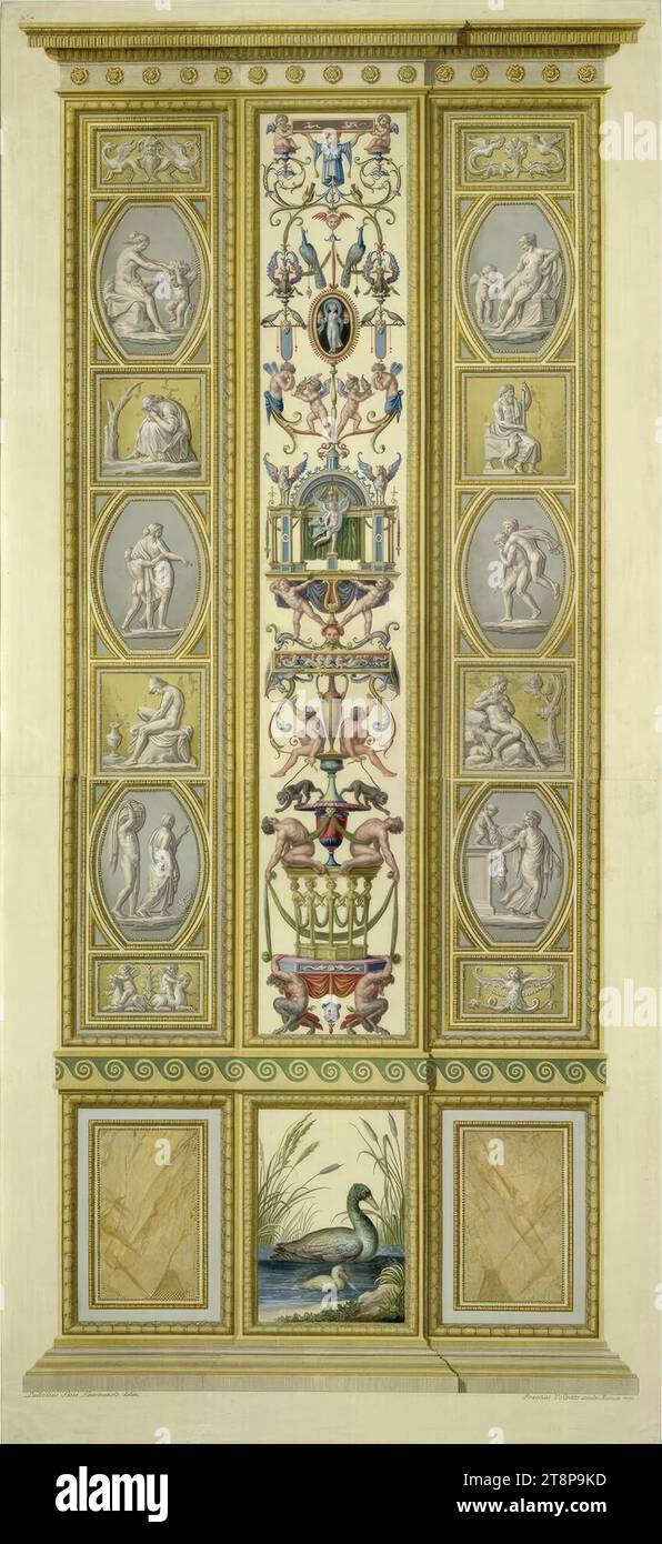 Logge di Raffaello in Vaticano: Pilastro (anatre), 1775, stampa, incisione in rame colorato, foglio: 106,1 x 48,4 cm, l.o. 'N°7 Foto Stock