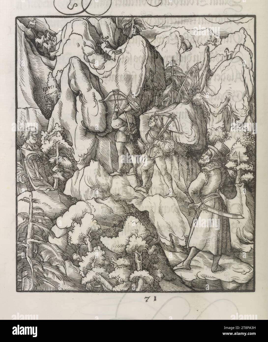 Theuerdank: Immagine 71 - Theuerdank spara una balestra ad un camoscio che minaccia di cadere su di lui, il "Theuerdank" dell'Imperatore Massimiliano i, Leonhard Beck (Augusta intorno al 1475/80 - 1542 Augusta), Leonhard Beck (Augusta intorno al 1475/80 - 1542 Augusta), 1517, stampa, taglio di legno, foglio: 34,7 x 24,3 cm Foto Stock