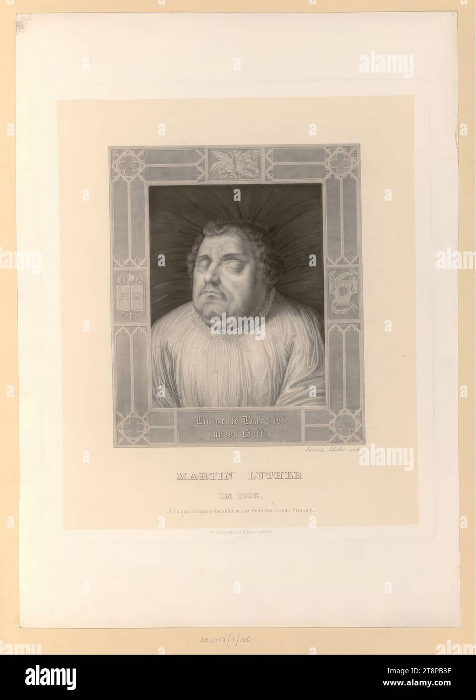 Martin Lutero in morte, stampa, incisione in acciaio, foglio: 54,3 x 38,7 cm, nella cornice in basso a sinistra 'Un forte castello è, il nostro Dio!'; r.b. 'Eduard Schuler Sculps'; sotto M.U. 'MARTIN LUTERO, IN MORTE., dopo il dipinto originale del suo amico Lucas Cranach.'; 'Richard Mühlmann Publishing House a Halle Foto Stock