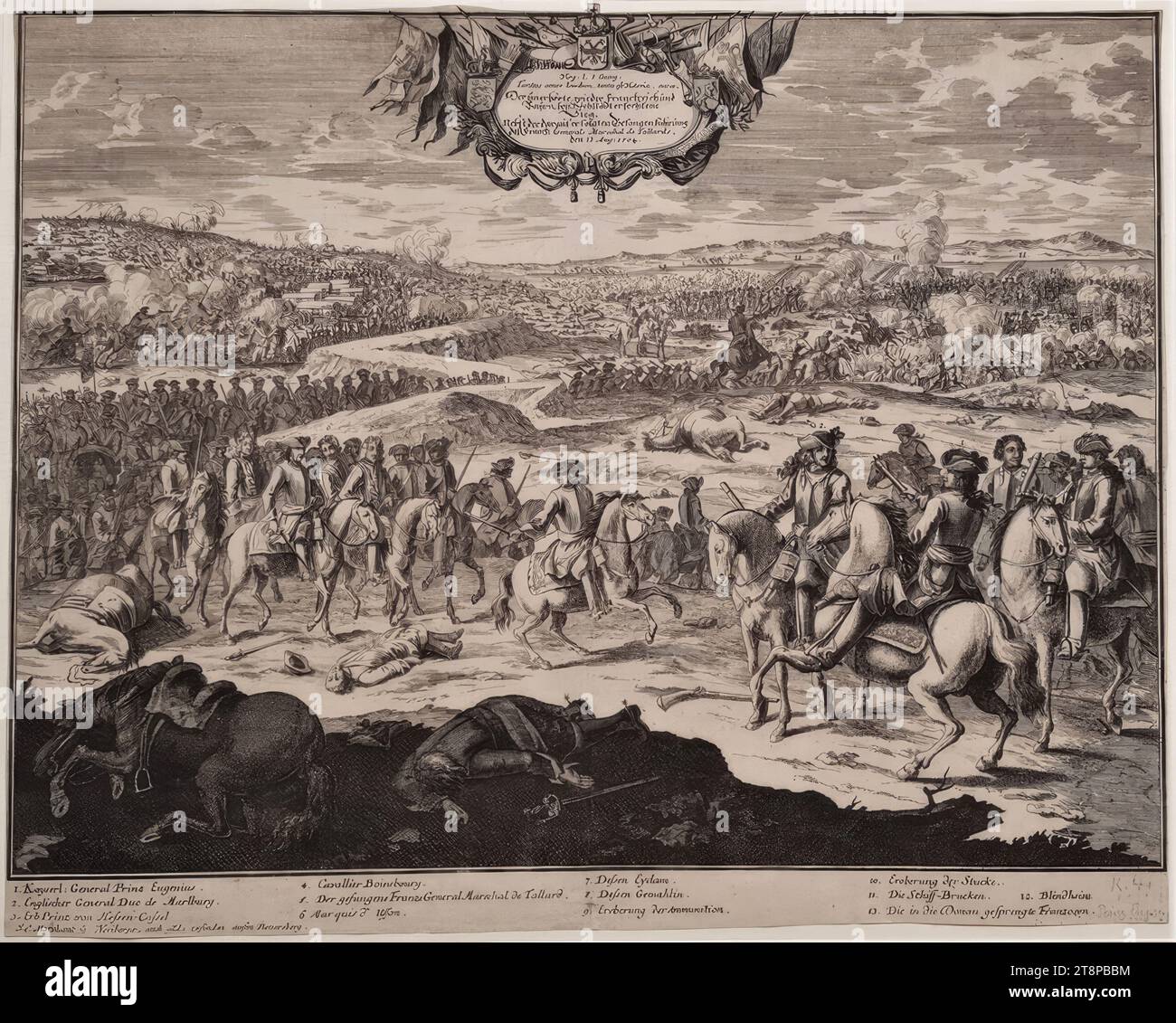 Die Schlacht bei Höchstädt am 13. Agosto 1704, (1704), Druckgraphik, Radierung auf Papier, Blatt: 32,8 x 41 cm, [M.o.] 'Virg: 1. 3 Georg: | questa è la lode dell'amore, questa è la vittoria della cura Foto Stock