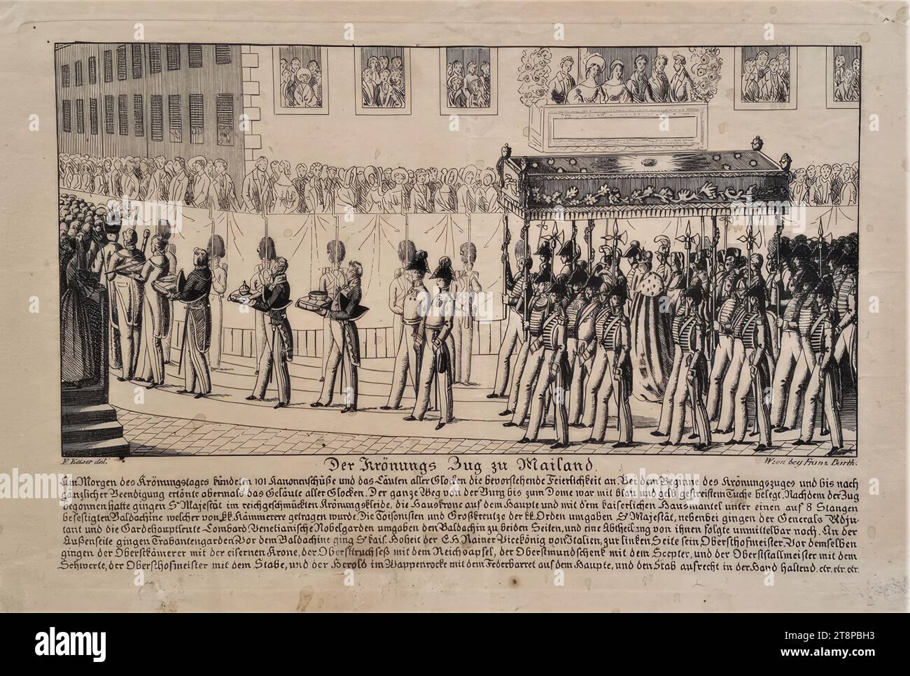 Processione per l'incoronazione dell'imperatore Ferdinando i come re di Lombardo-Veneto a Milano 1838, da una serie di immagini pubblicate da Franz Barth sull'incoronazione dell'imperatore Ferdinando i come re di Lombardo-Veneto a Milano 1838, Vienna intorno al 1838, (1838 ), Stampa, incisione su carta, foglio: 21 x 31 cm, [sotto] 'la mattina del giorno dell'incoronazione, 101 colpi di cannone e il suono di tutte le campane annunciarono la prossima celebrazione. All'inizio della processione dell'incoronazione e fino a dopo | completa conclusione Foto Stock