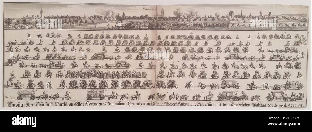 Ingresso festivo dell'elettore di Colonia, Massimiliano Enrico duca di Baviera, a Francoforte il 27 aprile 1658, 1658, stampa, incisione su carta, foglio: 24 x 70,2 cm, [in alto] FRANCKFURT Foto Stock