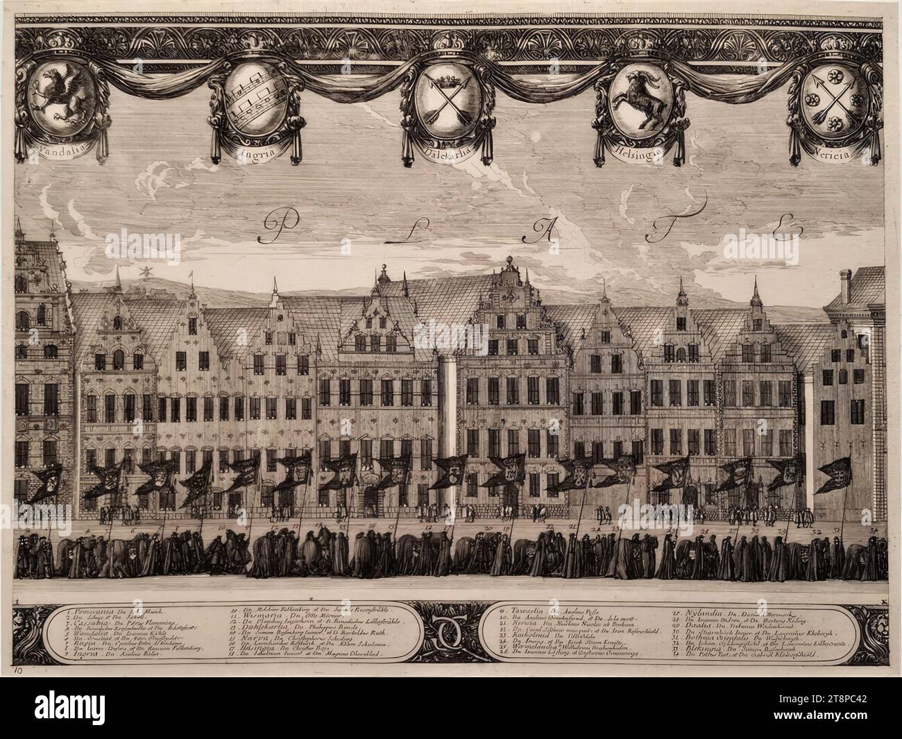 Celebrazioni funebri per re Carlo X Gustavo di Svezia il 3 novembre 1660 a Stoccolma: Tavola 10, sequenza di tavole n.. 110 da: Samuel von Pufendorf, De rebus a Carolo Gustavo Sveciae Rege gestis commentariorum ..., Norimberga, Christoph Riegel, 1696, 1696, stampa, incisione su carta, foglio: 29 x 38,4 cm, [da sinistra a destra] '10 Foto Stock