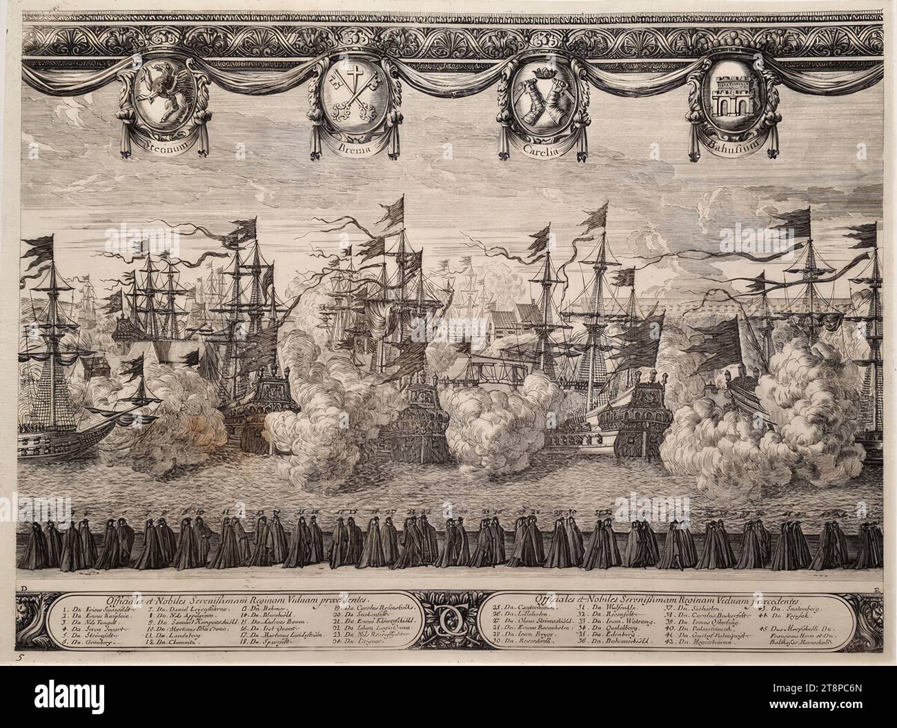 Celebrazioni funebri per il re Carlo X Gustavo di Svezia il 3 novembre 1660 a Stoccolma: Tavola 5, sequenza di tavole n.. 110 da: Samuel von Pufendorf, De rebus a Carolo Gustavo Sveciae Rege gestis commentariorum ..., Norimberga, Christoph Riegel, 1696, 1696, stampa, incisione su carta, foglio: 29,1 x 39 cm, [l.r.] '5 Foto Stock