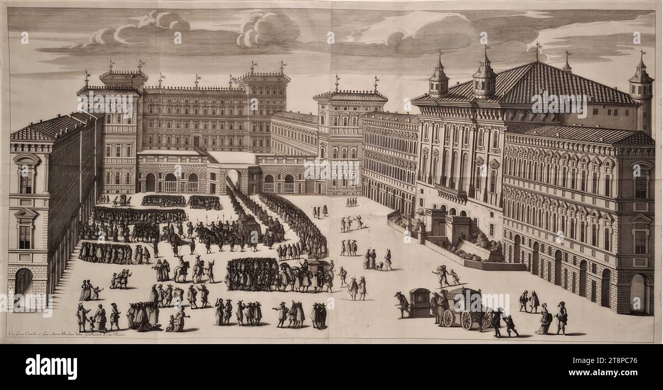 Processione funebre con il corpo del duca Carlo Emanuele II di Savoia a Torino da Palazzo reale alla Cattedrale il 15 giugno 1675, da: Giulio Vasco, del funerale celebrato nel Duomo di Torino all'altezza reale di Carlo Emanuele II Duca di Savoia, Principe di Piemonte, Rè di Cipri, &c., Torino, Bartolomeo Zappata, (1676), 1676, stampa, incisione e incisione (da due lastre) su carta, foglio: 54,7 x 93,5 cm Foto Stock