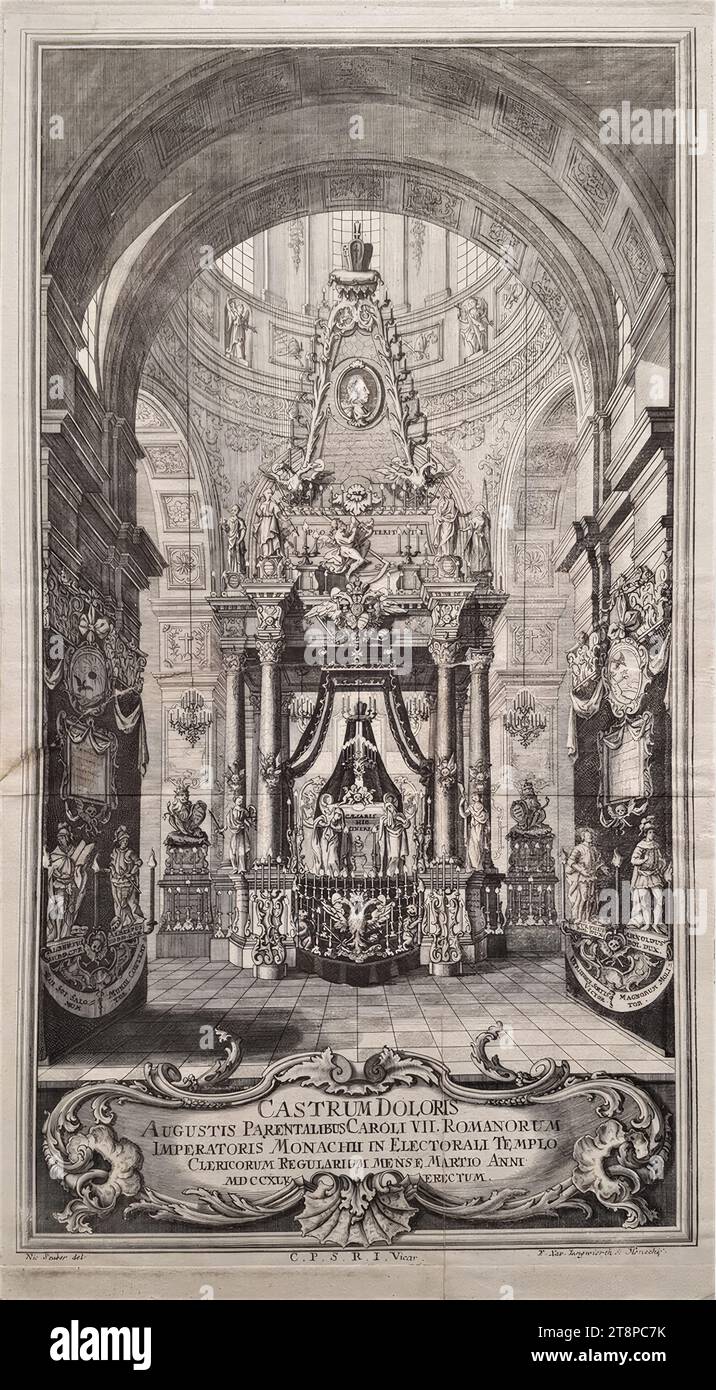 Ponteggio funebre per l'imperatore Carlo VII nella Theatinerkirche a Monaco di Baviera nel 1745 marzo 1745, stampa, incisione e rame su carta, foglio: 45,7 x 25,2 cm, [m.u.] 'C. P.S.R.I. Vicario Foto Stock