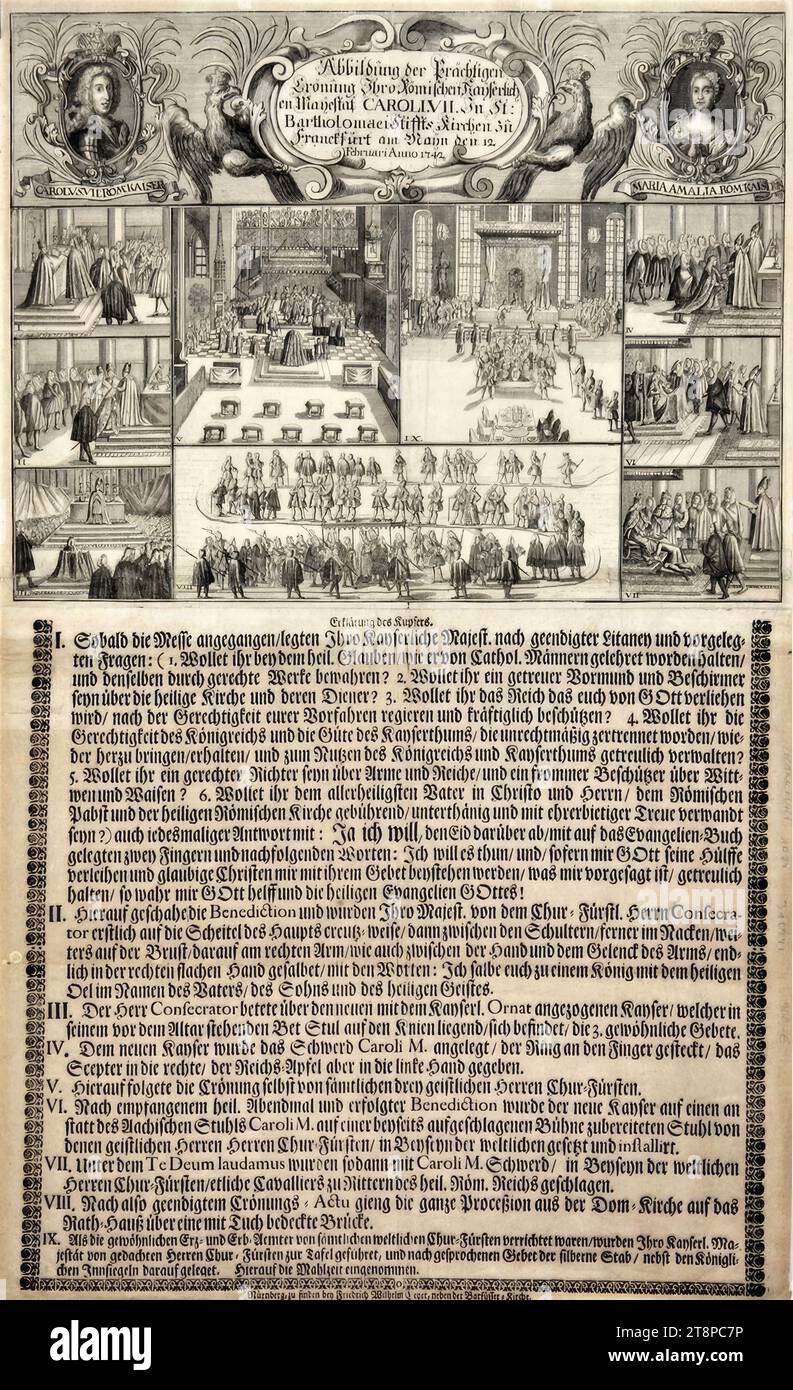 Incoronazione di Carlo VII come Sacro Romano Imperatore il 12 febbraio 1742 a Francoforte sul meno, 1742, stampa, incisione su carta, foglio: 29,3 x 37,8 cm Foto Stock