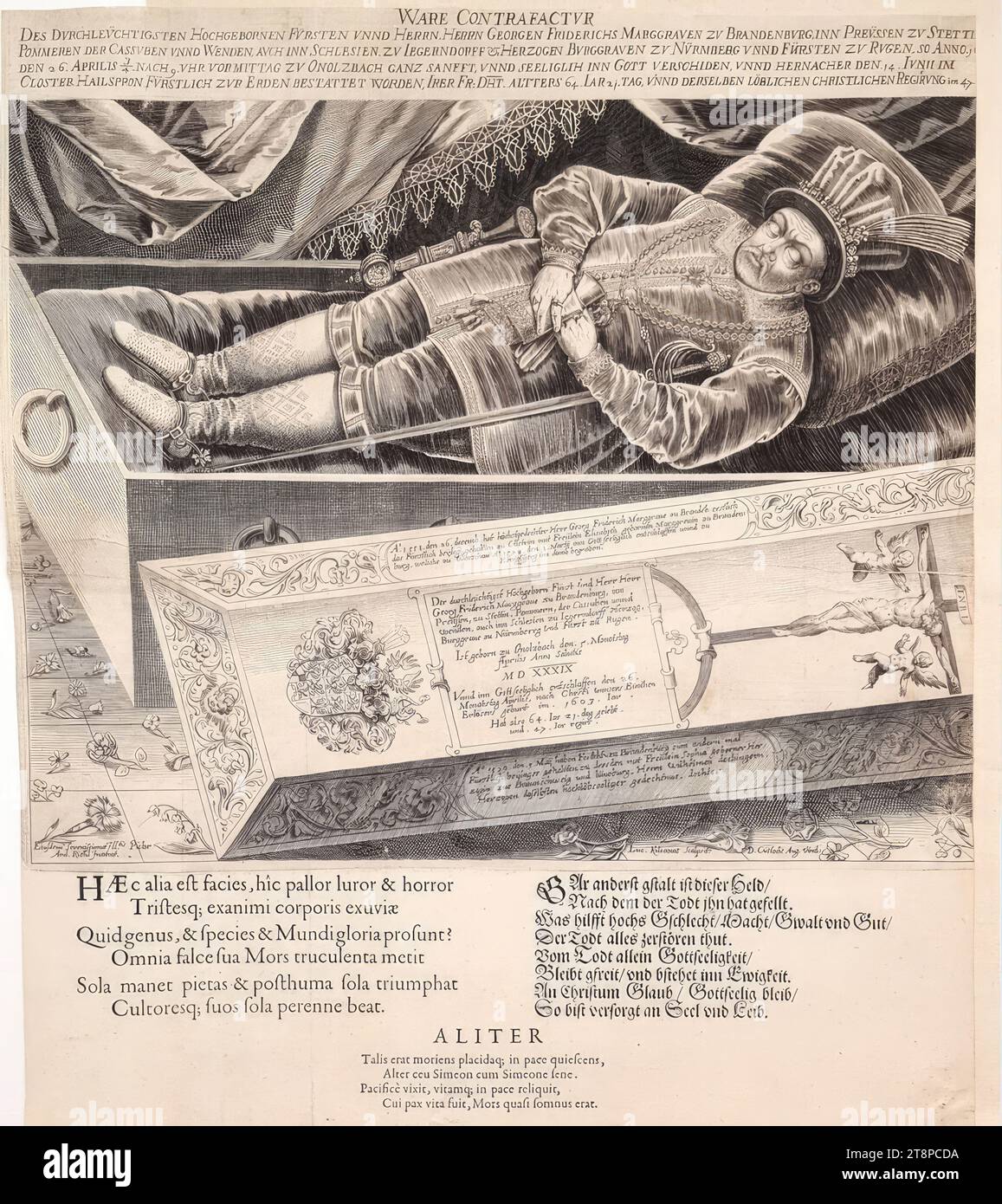 Posa del margravio Georg Friedrich i di Brandeburgo-Ansbach-Kulmbach, (1603), stampa, incisione del rame su carta, foglio: 44,5 x 38,2 cm Foto Stock
