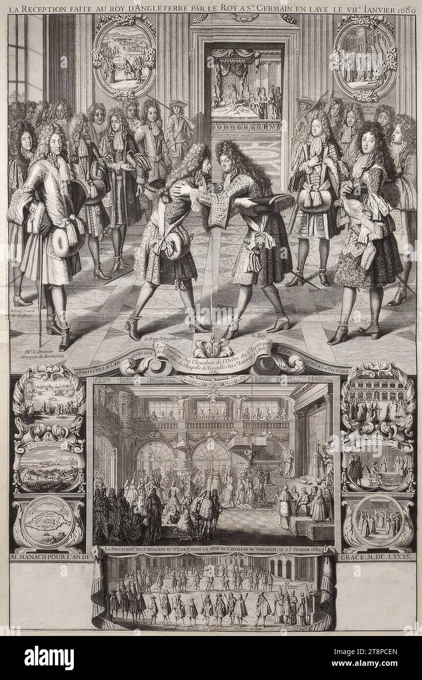 Accoglienza di re Giacomo II d'Inghilterra da parte di re Luigi XIV di Francia nel castello di Saint-Germain-en-Laye il 7 gennaio 1689, 1689, stampa, incisione in rame in due parti su carta, foglio: 86,7 x 57 cm, [sotto] 'ALMANAC POUR l'AN DE GRACE. M.DC.LXXXX Foto Stock