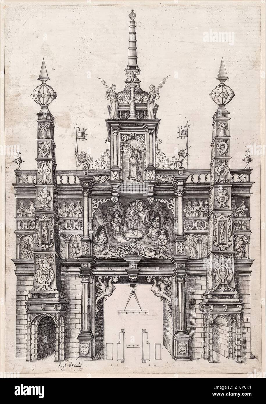 Arabia Britannica, arco trionfale per re Giacomo i d'Inghilterra in occasione del suo ingresso a Londra il 15 marzo 1604, da: Stephen Harrison (editore), gli archi di trionfo eretti in onore dell'alto e potente principe. James. il primo di quel nome. Re d'Inghilterra, e il Sesto di Scozia. Alle sue Maiesties ingresso e passaggio attraverso la sua Honorable Citty & Chamber of London il 15 marzo 1603, Londra, John Sudbury, George Hunble, (1604), (1604), stampa, incisione su carta, foglio (carta di fondo): 29 x 21 cm Foto Stock