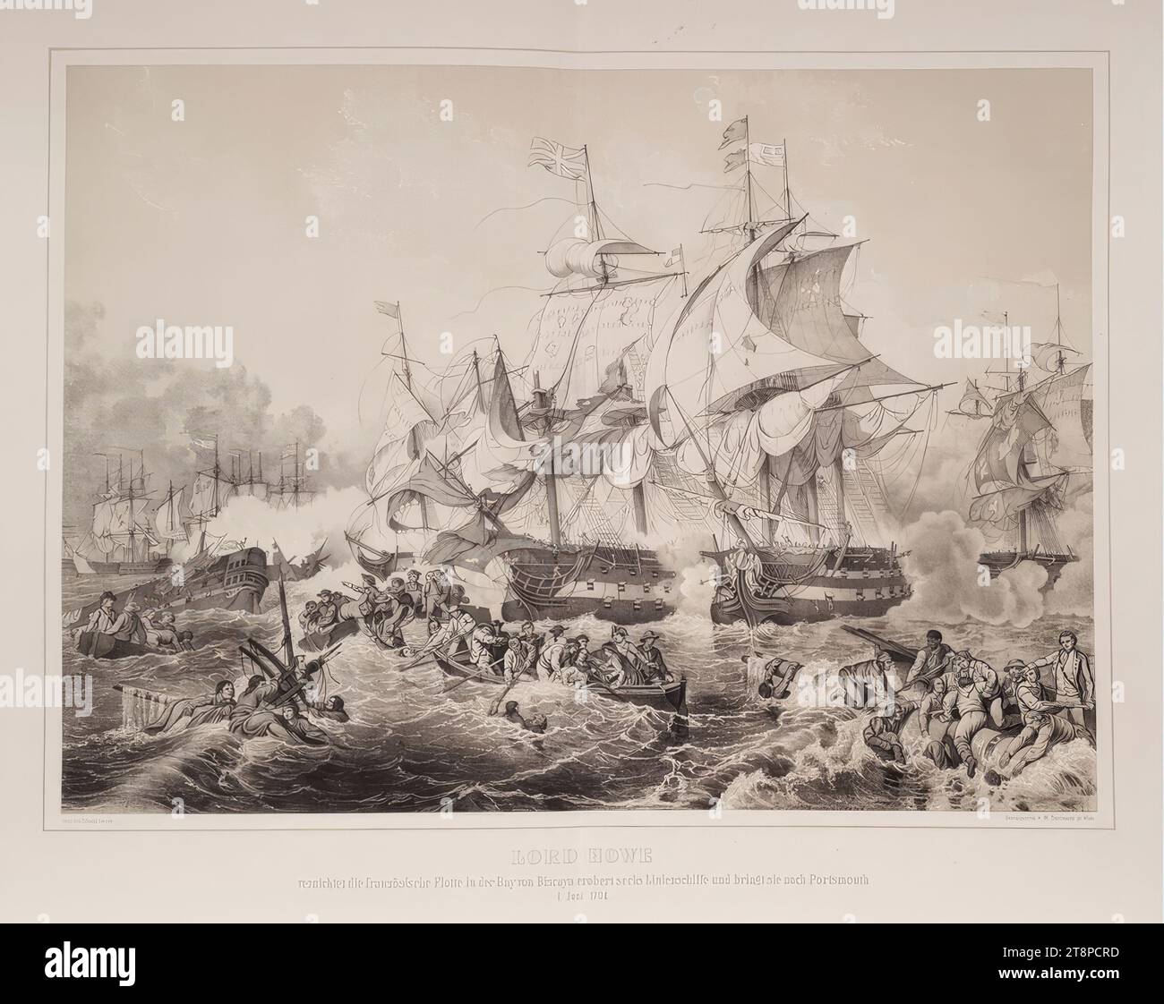 Battaglia navale tra inglesi e francesi nell'Atlantico il 1 giugno 1794 ('gloriosa prima di giugno'), c. 1850, litografia con targa tonale su carta, foglio: 56,9 x 75,1 cm Foto Stock