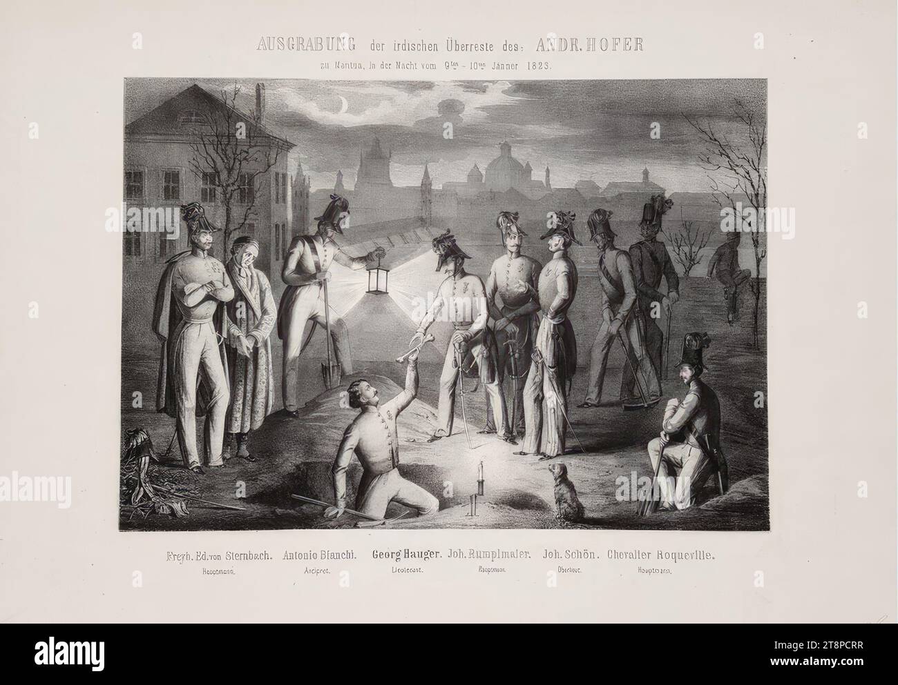 SCAVO dei resti terreni di: ANDR. HOFER | a Mantova, nella notte tra il 9 e il 10 gennaio 1823.', intorno al 1830, litografia con lastra tonica e spazi bianchi su carta, foglio: 33,6 x 50,1 cm, francobollo rotondo 'Kaiserliche KOENIGliche HOFBIBLIOTHEK' (verso), [u. ] 'Freyh. Ed. Di Sternbach. | Capitano.", "Antonio Bianchi. | Arcipret.", "George Hauger. | Tenente.", "John Rumplmaier. | Capitano.", "John Nice. | Tenente.", "Chevalier Roqueville. | capitano Foto Stock
