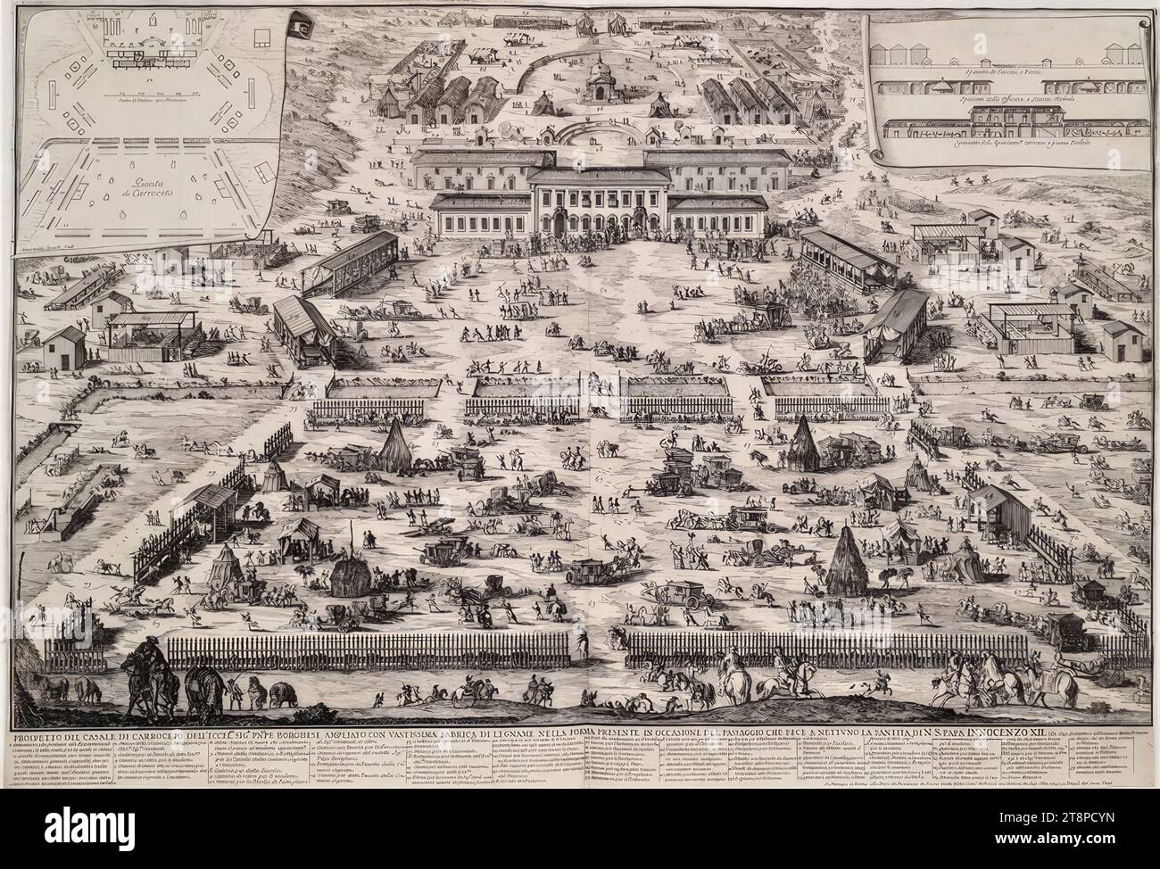 La tenuta Carroceto del principe Giovanni Battista Borghese durante la visita di Papa Innocenzo XII Il 22 aprile 1697, Domenico de Rossi (1659 - 1730), 1697, incisione e incisione su carta, foglio: 47,2 x 69 cm Foto Stock