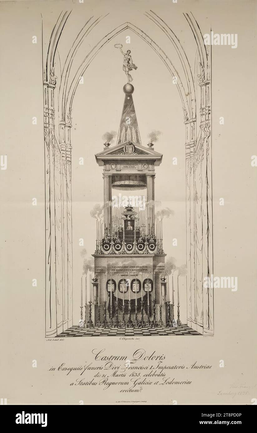 Struttura funebre per l'imperatore Francesco i d'Austria il 21 marzo 1835 nella cattedrale di Lemberg, 1835, stampa, litografia su carta, foglio: 61,4 x 40,8 cm Foto Stock