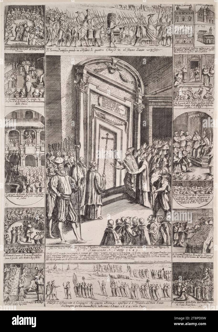 Apertura della porta Sancta in St. Basilica di Pietro a Roma il 24 dicembre 1649 di Papa Innocenzo X sull'anno Santo (Annus Iubilaeus) 1650, anonimo, 1650, incisione su carta, foglio: 37,6 x 26,4 cm Foto Stock