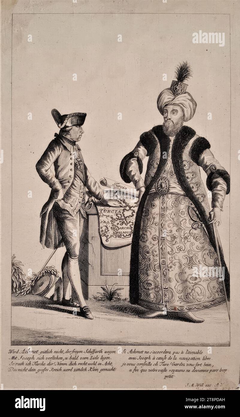 L'Imperatore Giuseppe II chiede al Sultano turco la libera spedizione sul Mar Nero e attraverso i Dardanelli, anonimo, intorno al 1770, incisione su carta, foglio: 32,3 x 19,9 cm, francobollo rotondo 'ALBERTINA WIEN' (verso), [ u.] 'Achmet non sarà amichevole, a causa della spedizione gratuita | andare d'accordo con Giuseppe; u: presto per mirare. | così vi Consiglio Türcke! Fai attenzione, | che il tuo grande impero non sia piccolo" | "si Achmet ne s'accordera pas à l'aimable | avec Joseph à cause de la Navigation libre | je vous conseille oh Turc! Gardez vous fort bein Foto Stock
