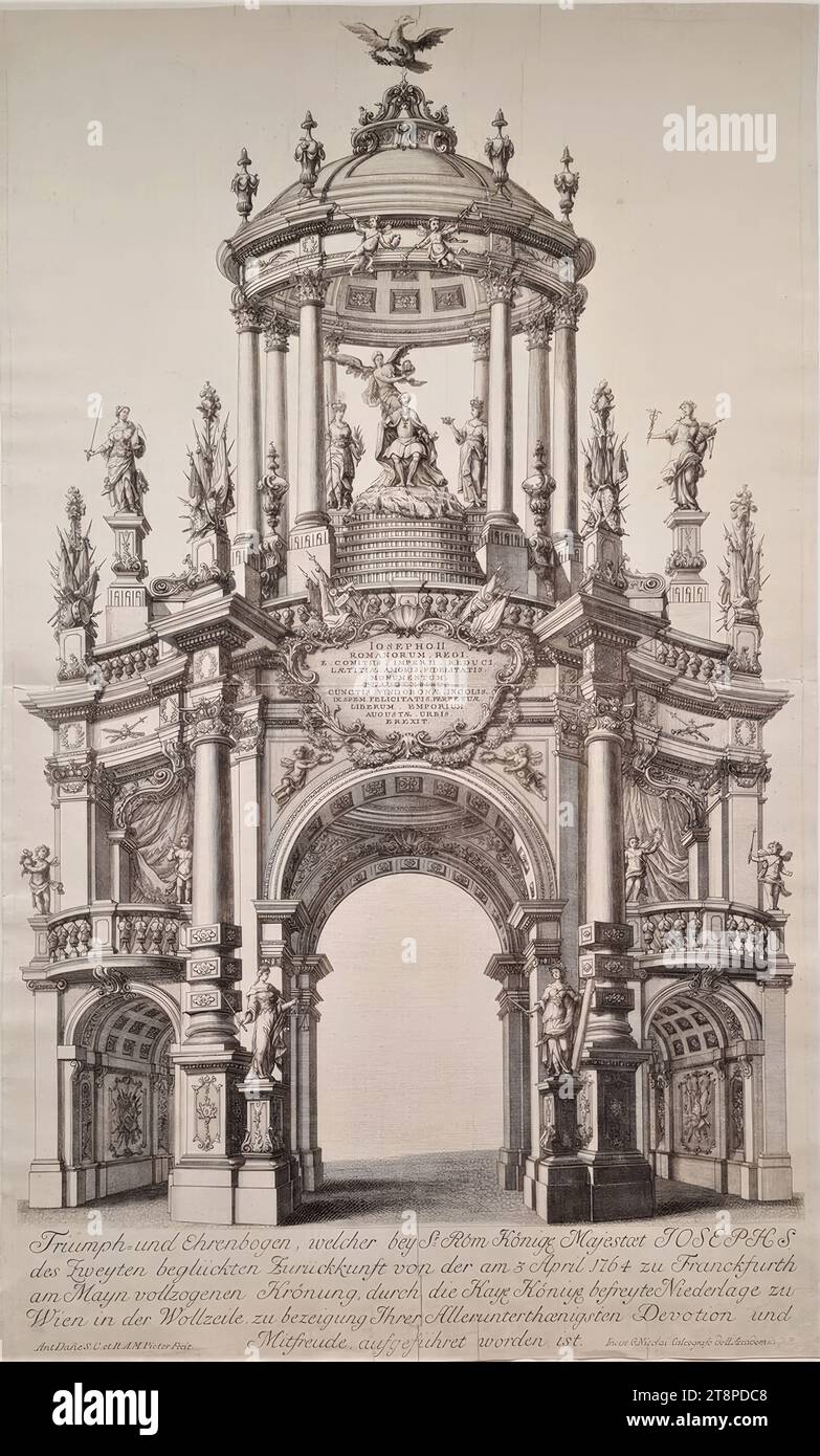 Arco trionfale del Niederleger viennese sul Wollzeile a Vienna in occasione del ritorno di Giuseppe II dall'incoronazione reale a Francoforte il 22 aprile 1764, (dopo) 1764, incisione su carta, foglio: 71,6 x 43,6 cm, (verso) ' Karajan' (scritto a mano, a penna) e '552' (scritto a mano, pastello blu Foto Stock