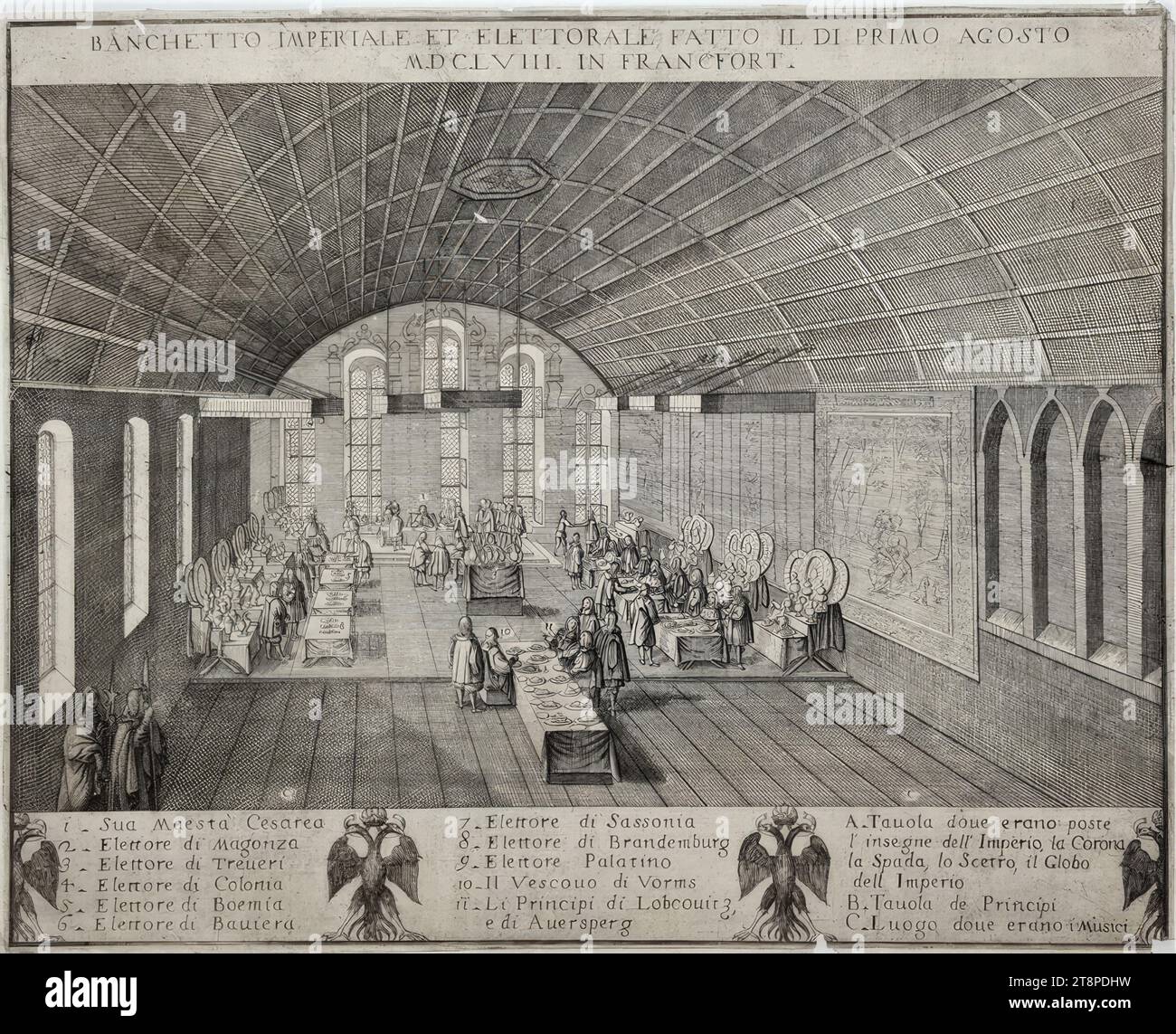 Festbankett zur Kaiserkrönung von Leopold I. am Römerberg a Francoforte sul meno am 1. Juli 1658, Aus: Galeazzo Gualdo Priorato, Historia di Leopoldo Cesare, Bd.1: In cui le guerre e gli incidenti più memorabili sono narrate in Europa, dall'anno 1656. Fino al 1669, Wien, Giovanni Battista Hacque, 1669, anonimo, 1669, Druckgraphik, Radierung auf Papier, Blatt: 31 x 38,5 cm Foto Stock
