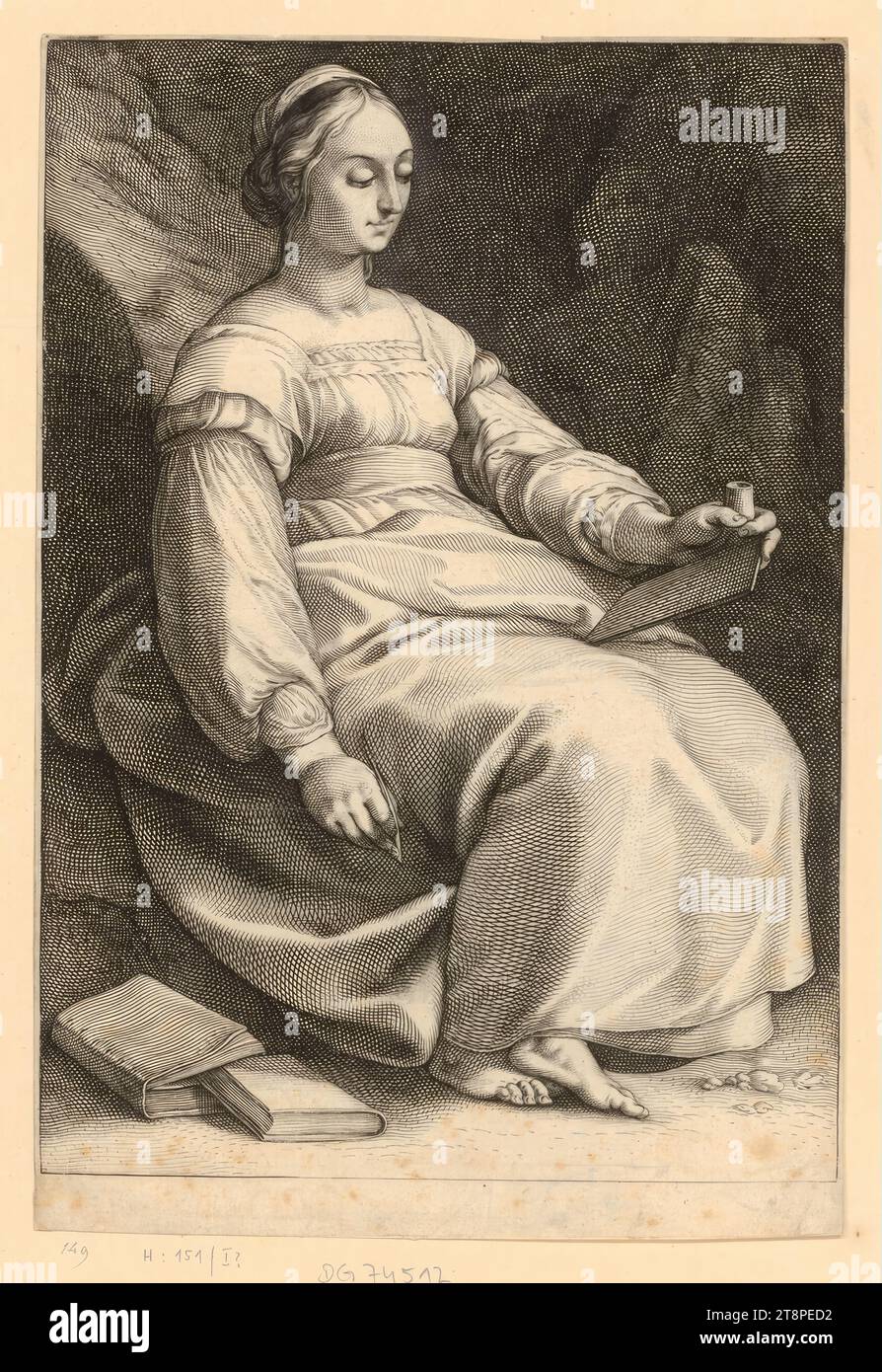Clio, le nove Muse, Hendrick Goltzius, Hendrick Goltzius (Bracht vicino a Venlo 1558 - 1617 Haarlem), c. 1592, stampa, incisione in rame Foto Stock
