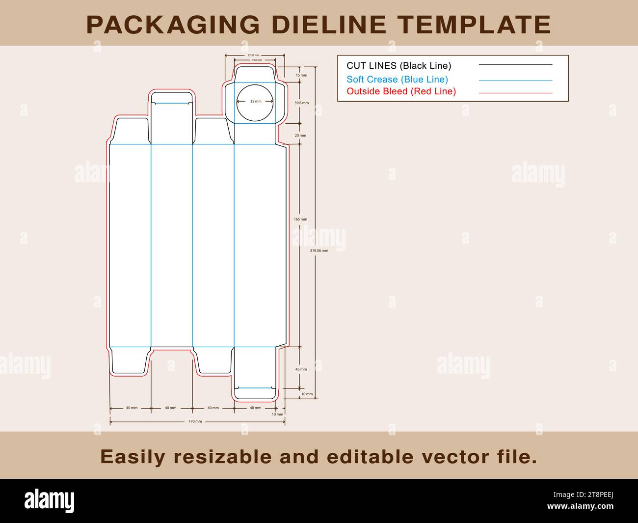 File vettoriale modificabile modello dieline sottile della scatola del tubo cosmetico. Illustrazione Vettoriale