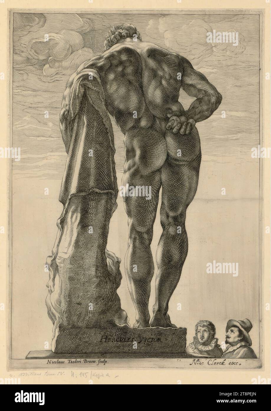 Ercole Farnese, famose sculture antiche, 1599-1621, stampa, incisione in rame, foglio: 26,75 x 19,1 cm, alla base della statua 'HERCVLES VICTOR Foto Stock