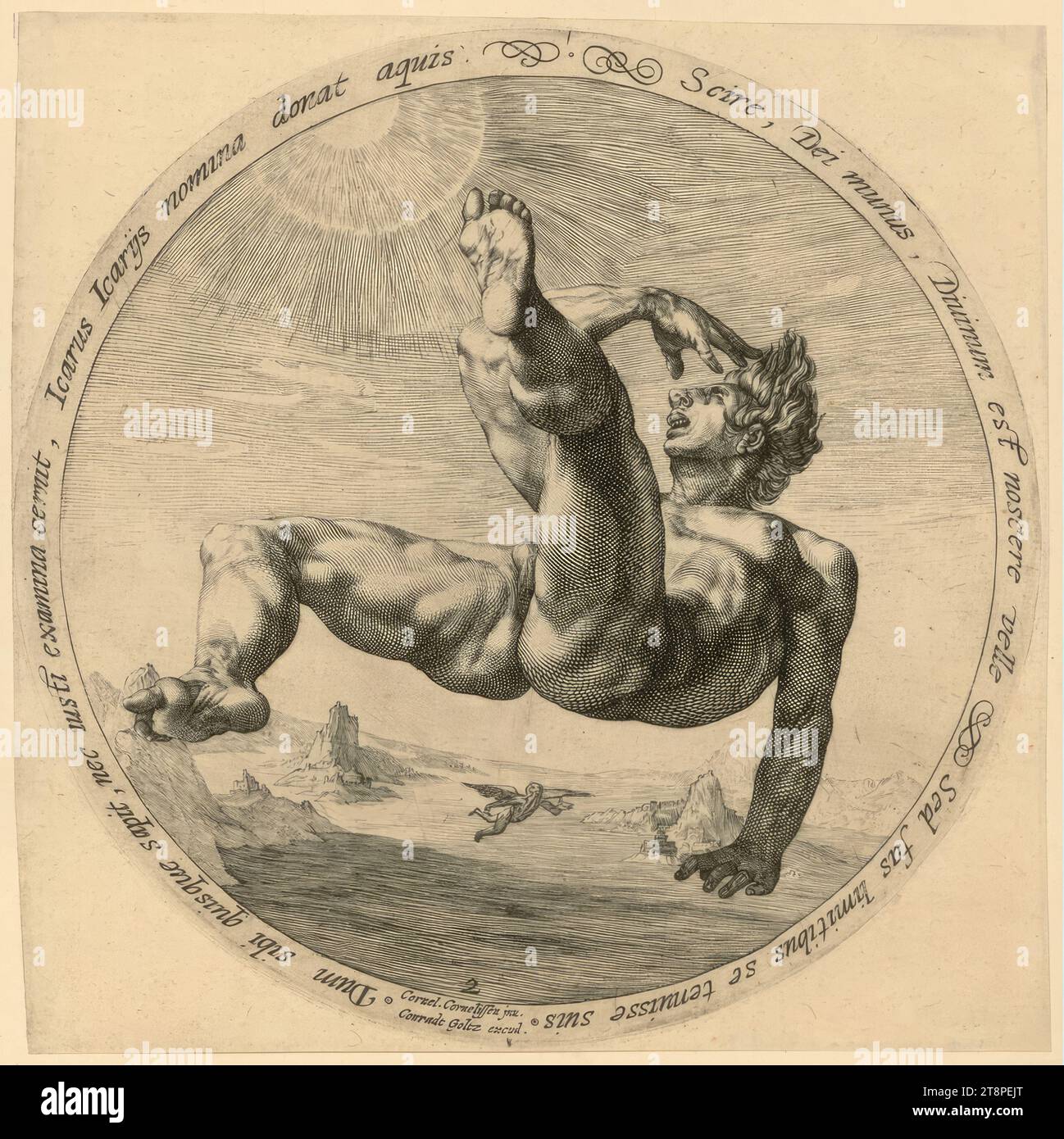 Ikarus, Die vier Himmelsstürmer, um 1600, Druckgraphik, Kupferstich, latt: 18,3 x 18,5 cm, auf der Kreisperipherie: "sapendo, compito di Dio, è divino volere sapere, ma è giusto tenersi entro i confini del proprio; mentre ognuno è saggio verso se stesso e non vede i segni del giusto, Icaro dà alle acque i nomi di Icario", M.u. "2"; Inschrift auf der Kreisperipherie: "sapere, dono di Dio, è volontà di Dio saperlo, ma la giustizia si è mantenuta entro i propri limiti, mentre ognuno è saggio verso se stesso e non vede i segni del giusto Foto Stock