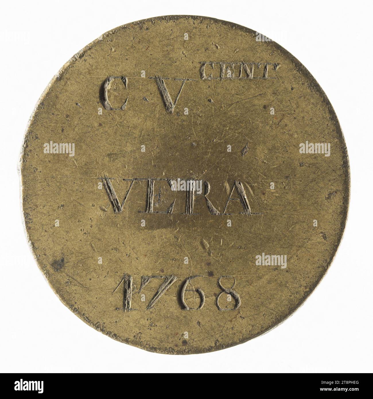 Halles et marchés de Paris: C. V. vera (1768), Luigi XVI, Numismatic, Token (numismatico), Brass, dimensioni - pezzo: diametro: 3 cm, peso (dimensione tipo): 9,17 g. Foto Stock