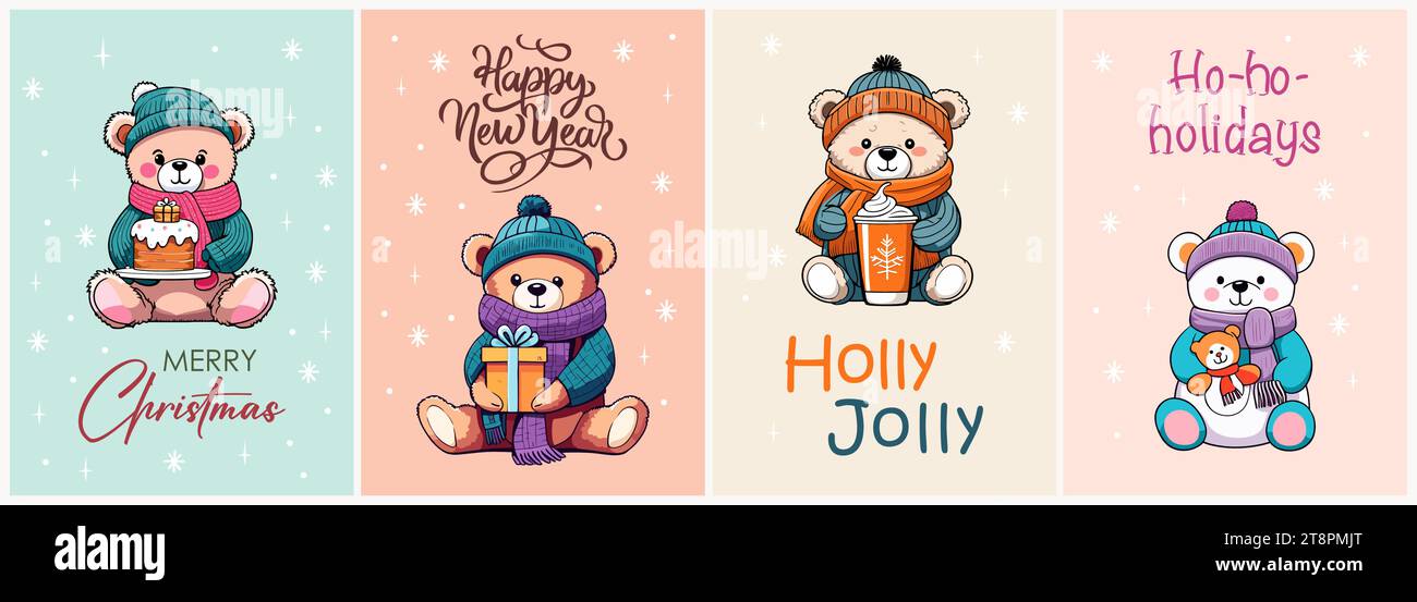 Set di biglietti di Natale e Capodanno con Teddy Bears Illustrazione Vettoriale