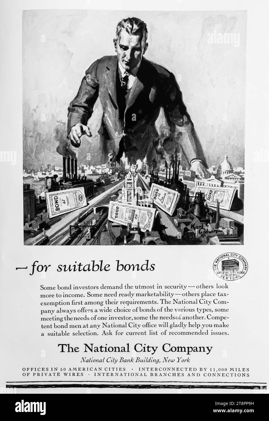 1927 The National City Company ad. "Per obbligazioni adatte" Foto Stock