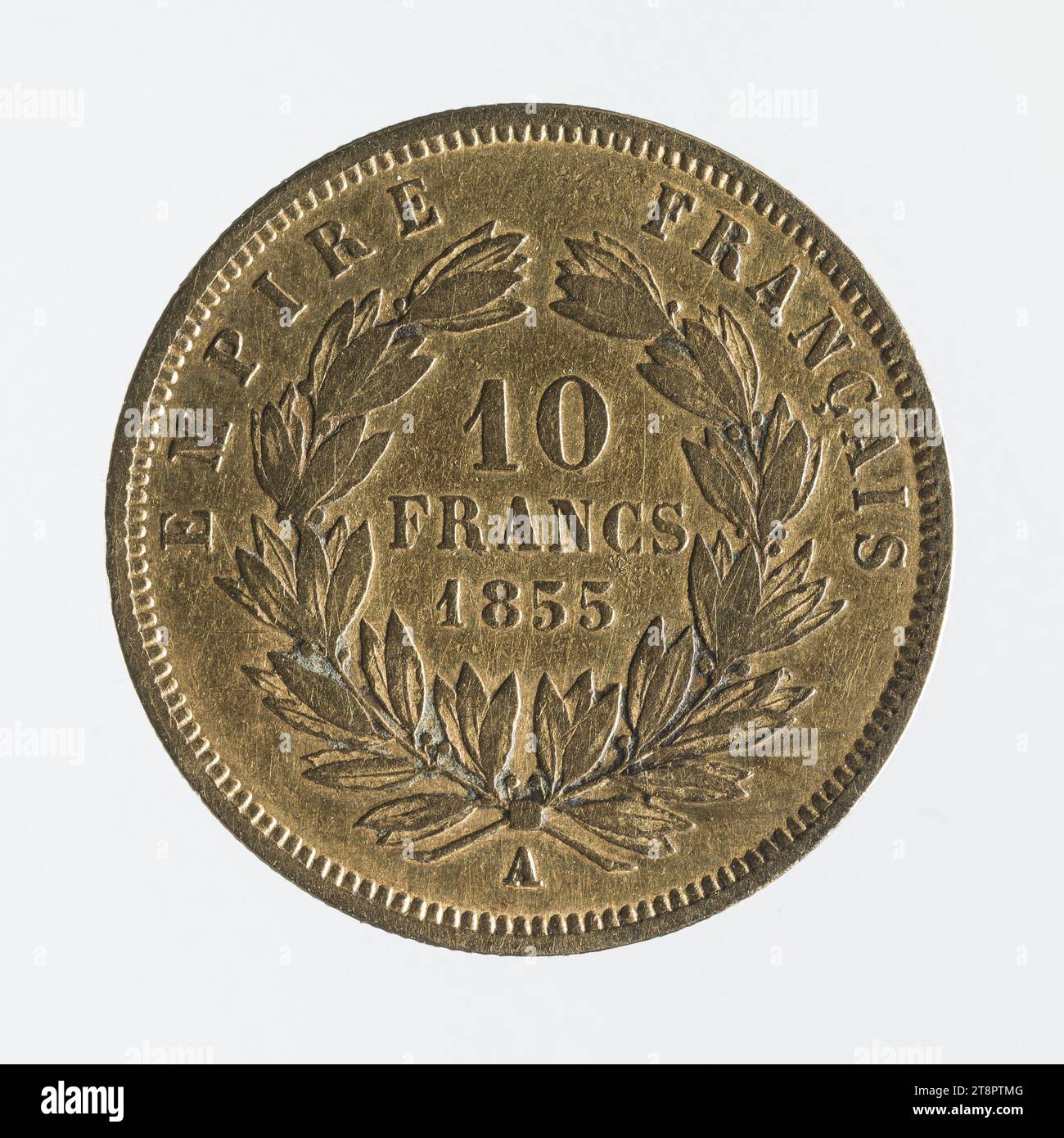 Moneta da 10 franchi in oro di Napoleone III, 1855, Barré, Albert-Désiré, Graveur en médailles, array, Numismatique, Monnaie, Parigi, dimensioni - opera: diametro: 1,9 cm, peso (tipo dimensione): 3,18 g. Foto Stock
