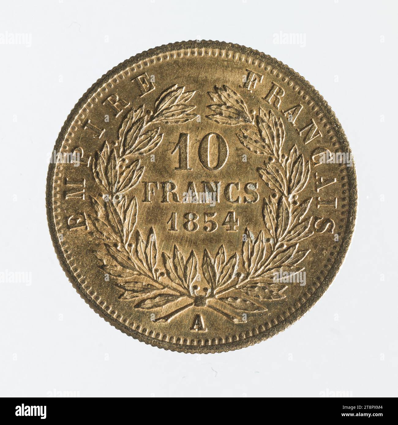 Moneta da 10 franchi in oro di Napoleone III, 1854, barre, Jacques-Jean, Graveur en médailles, array, Numismatique, Monnaie, Parigi, dimensioni - opera: diametro: 1,7 cm, peso (tipo dimensione): 3,218 g. Foto Stock
