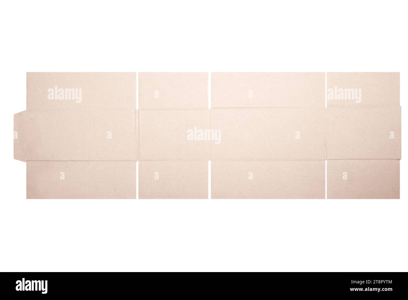 Modello di mockup scatola di cartone con motivo fustellato isolato su sfondo bianco. Lunghezza 21 cm x larghezza 13 cm x altezza 9 cm Foto Stock