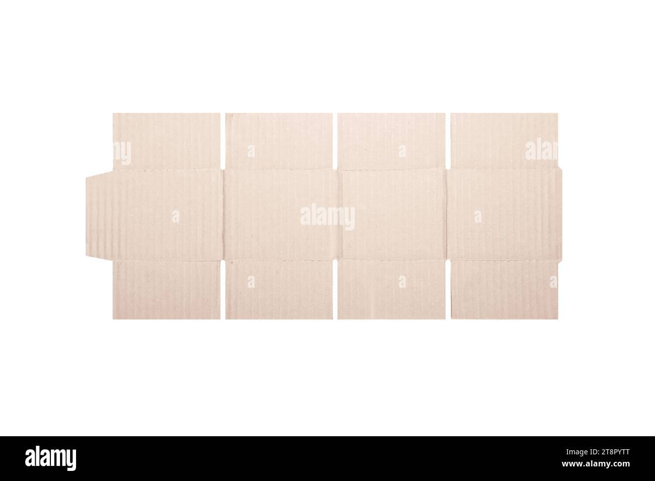 Modello di mockup scatola di cartone con motivo fustellato isolato su sfondo bianco. Lunghezza 9 cm x larghezza 9 cm x altezza 8 cm Foto Stock