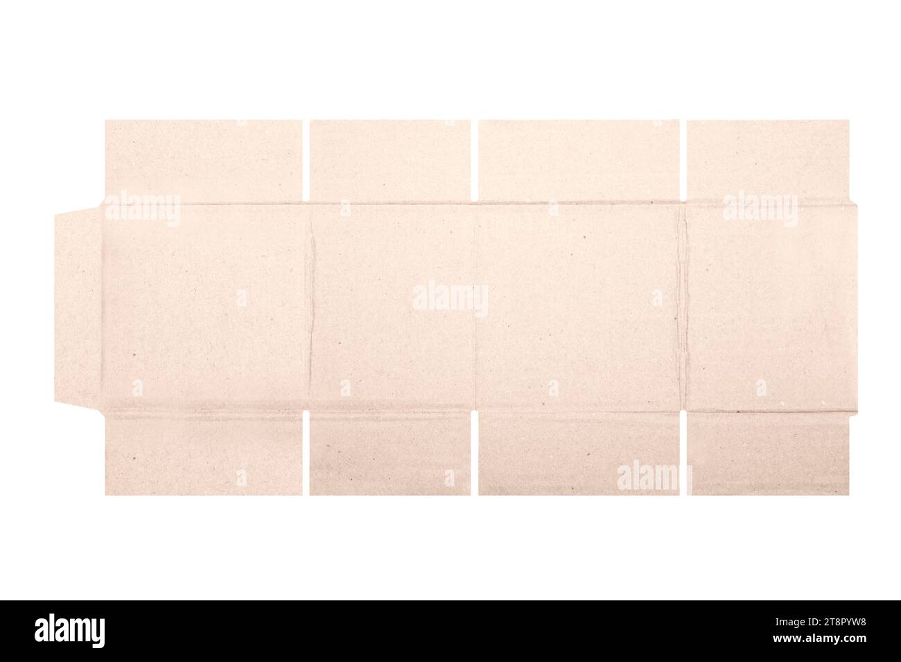 Modello di mockup scatola di cartone con motivo fustellato isolato su sfondo bianco. Lunghezza 10 cm x larghezza 8 cm x altezza 11 cm Foto Stock