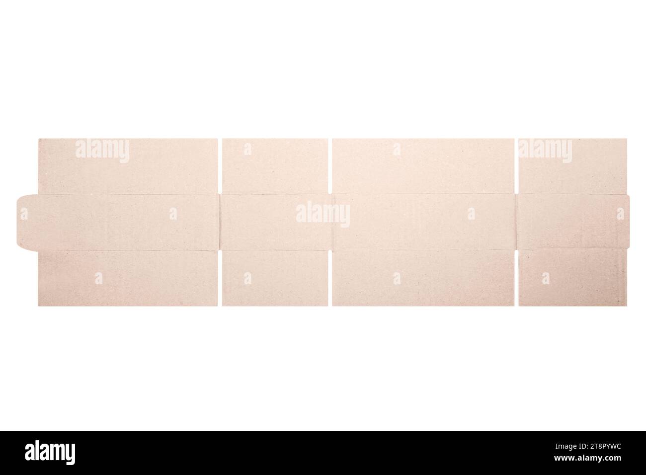 Modello di mockup scatola di cartone con motivo fustellato isolato su sfondo bianco. Lunghezza 20 cm x larghezza 11 cm x altezza 6 cm Foto Stock