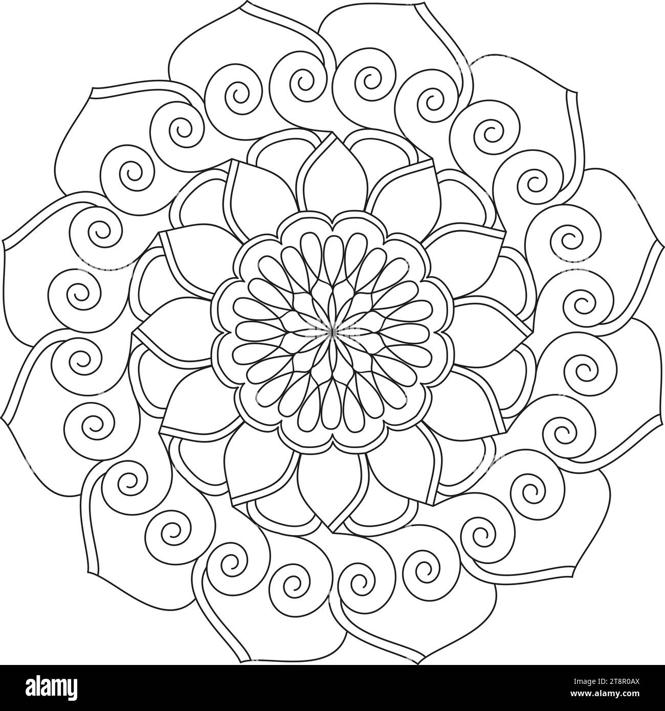 Pagina del libro da colorare Mandala di Cosmic Harmony per l'interno del libro KDP. Petali pacifici, possibilità di rilassarsi, esperienze cerebrali, paradiso armonioso, porto pacifico Illustrazione Vettoriale