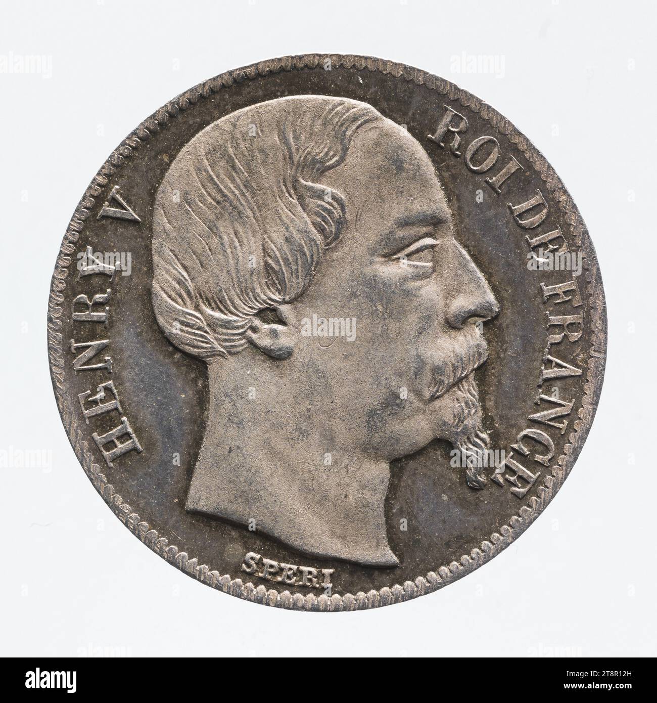 Moneta da 1/2 franchi in argento con l'effigie di Enrico V, 1858, speri, incisore in medaglie, Array, Numismatic, Mint, Paris, dimensioni - lavoro: diametro: 1,8 cm, peso (tipo dimensione): 3,03 g. Foto Stock