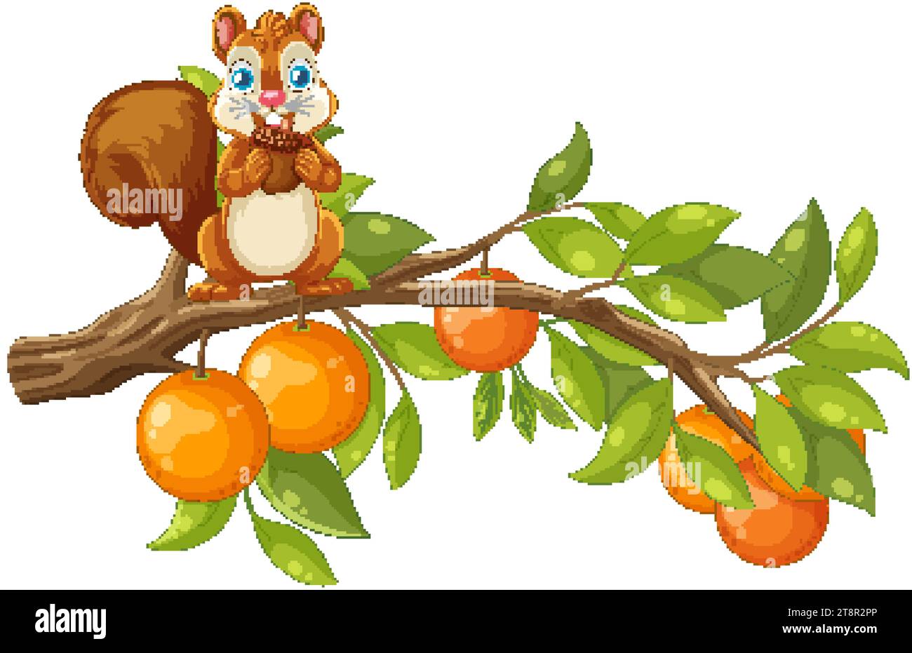 Un cartone animato raffigurante uno scoiattolo arroccato su un ramo di arancio Illustrazione Vettoriale