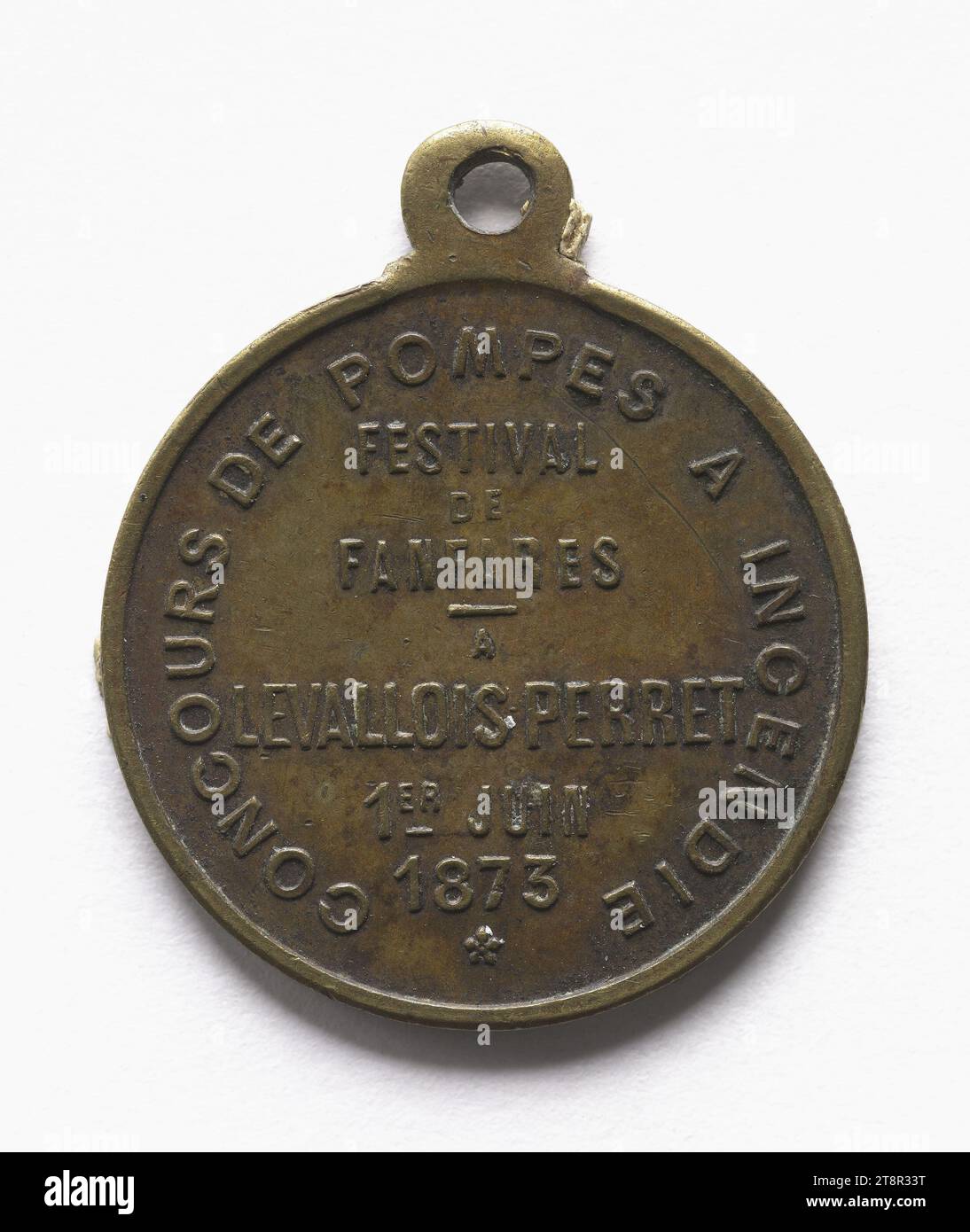 Concorso pompe antincendio e festival della banda di ottoni a Levallois-Perret, 1° giugno 1873, Array, Numismatic, medaglia, rame, doratura = doratura, dimensioni - pezzo: diametro: 2,3 cm, peso (tipo dimensione): 4,87 g. Foto Stock