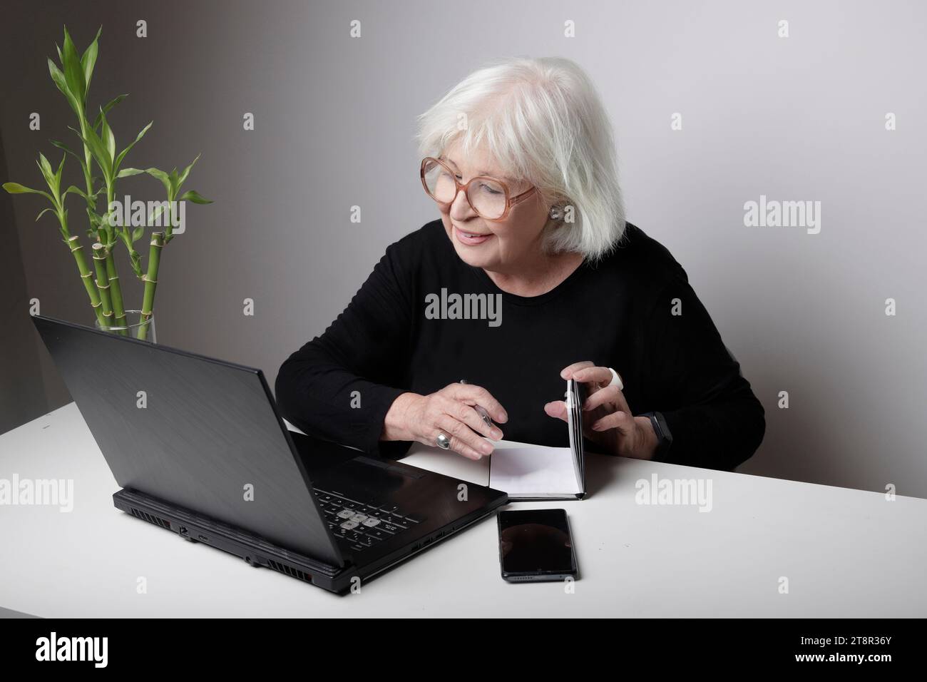 donna anziana che tira giù appunti in un notebook seduto di fronte a un notebook Foto Stock