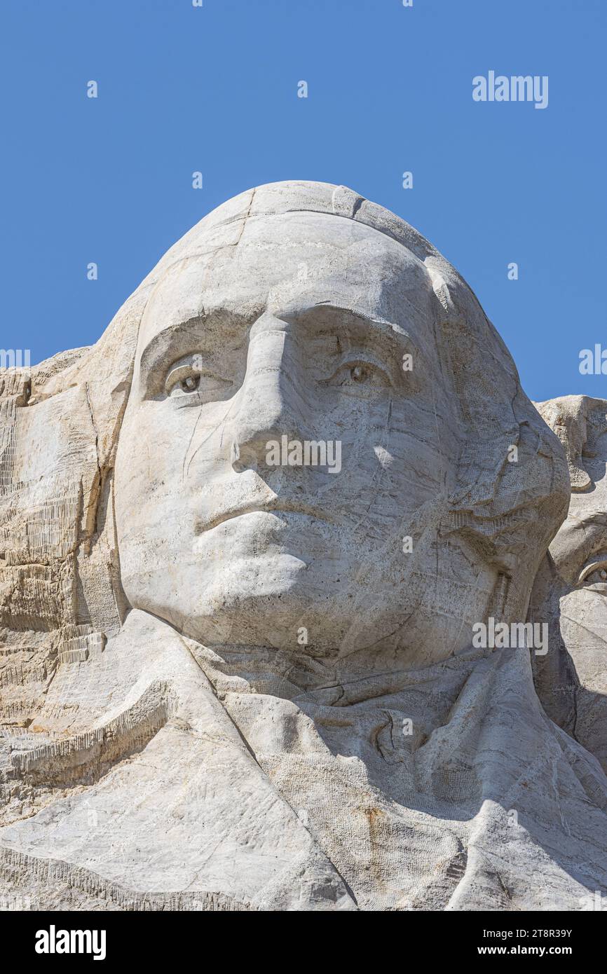 Primo piano di George Washington sul Monte Rushmore, situato vicino a Keystone, South Dakota Foto Stock