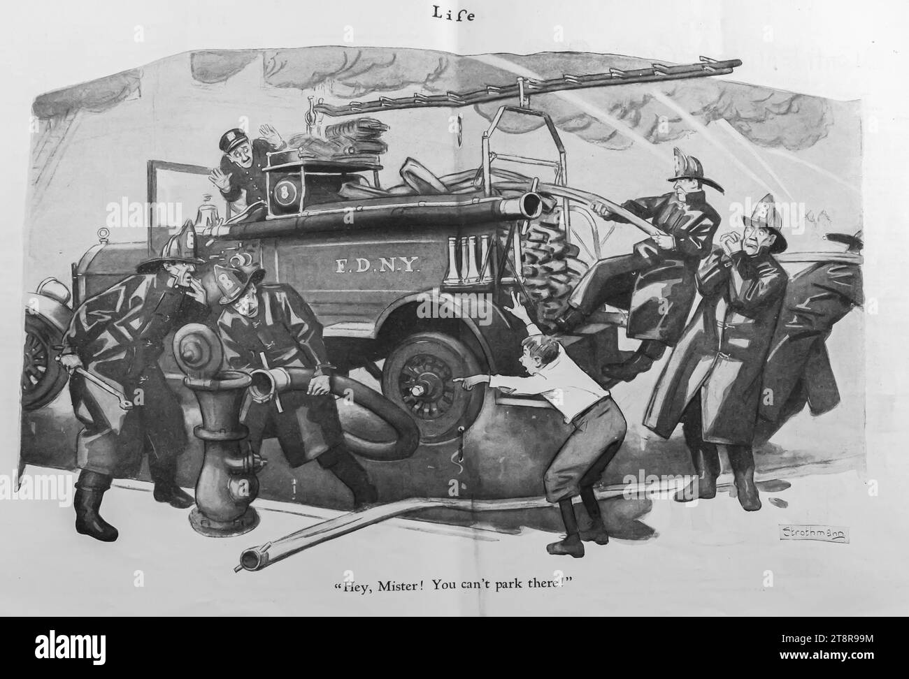 1926 Life magazine satirico cartoni animati FDNY F.D.N.Y. vigili del fuoco di New York City, parcheggio Foto Stock