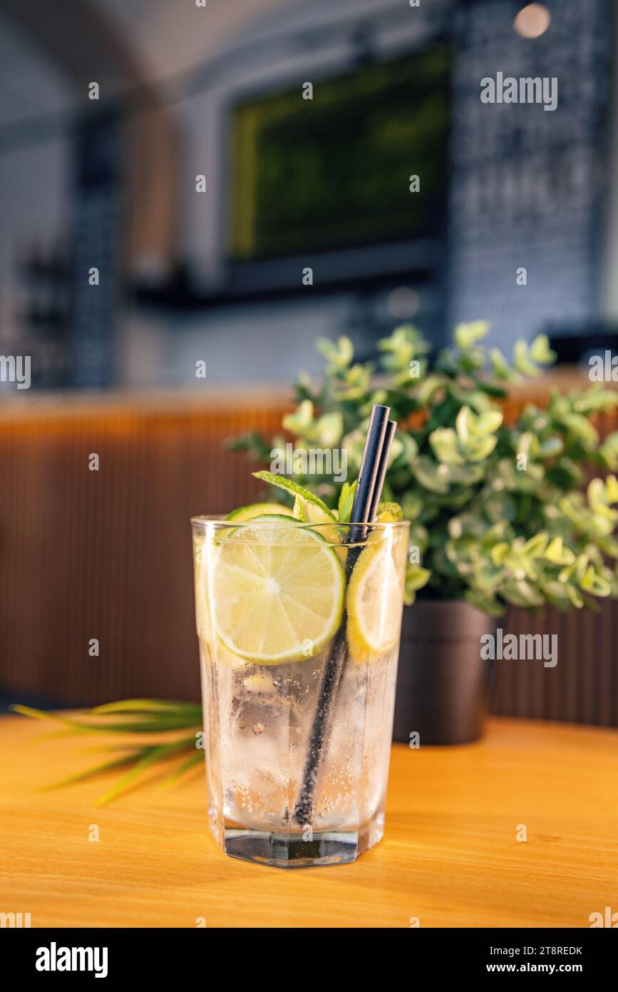 Bibita biologa fredda o cocktail a base di acqua frizzante e fette di lime Foto Stock