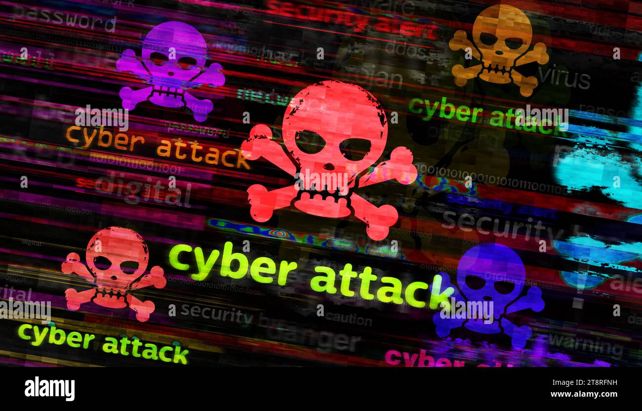 Cyber Attack con concetto di tecnologia del simbolo del cranio. Segnale astratto sulle schermate di segnalazione dei problemi illustrazione 3D. Foto Stock