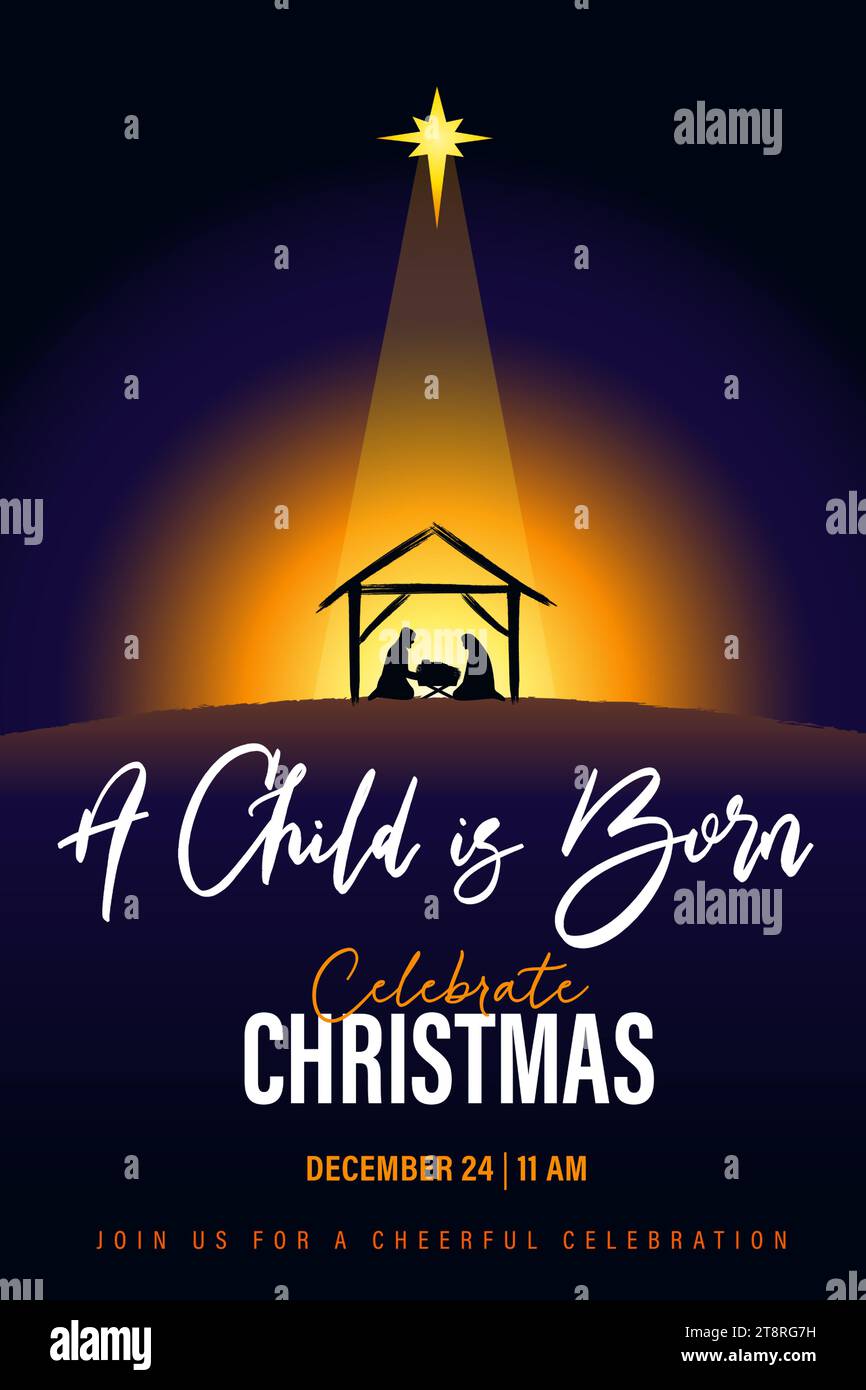 Un bambino è nato, celebra il modello di banner della chiesa di Natale. Concetto vettoriale dei social media per il servizio natalizio o il giorno dell'Epifania con presepi e testo Illustrazione Vettoriale