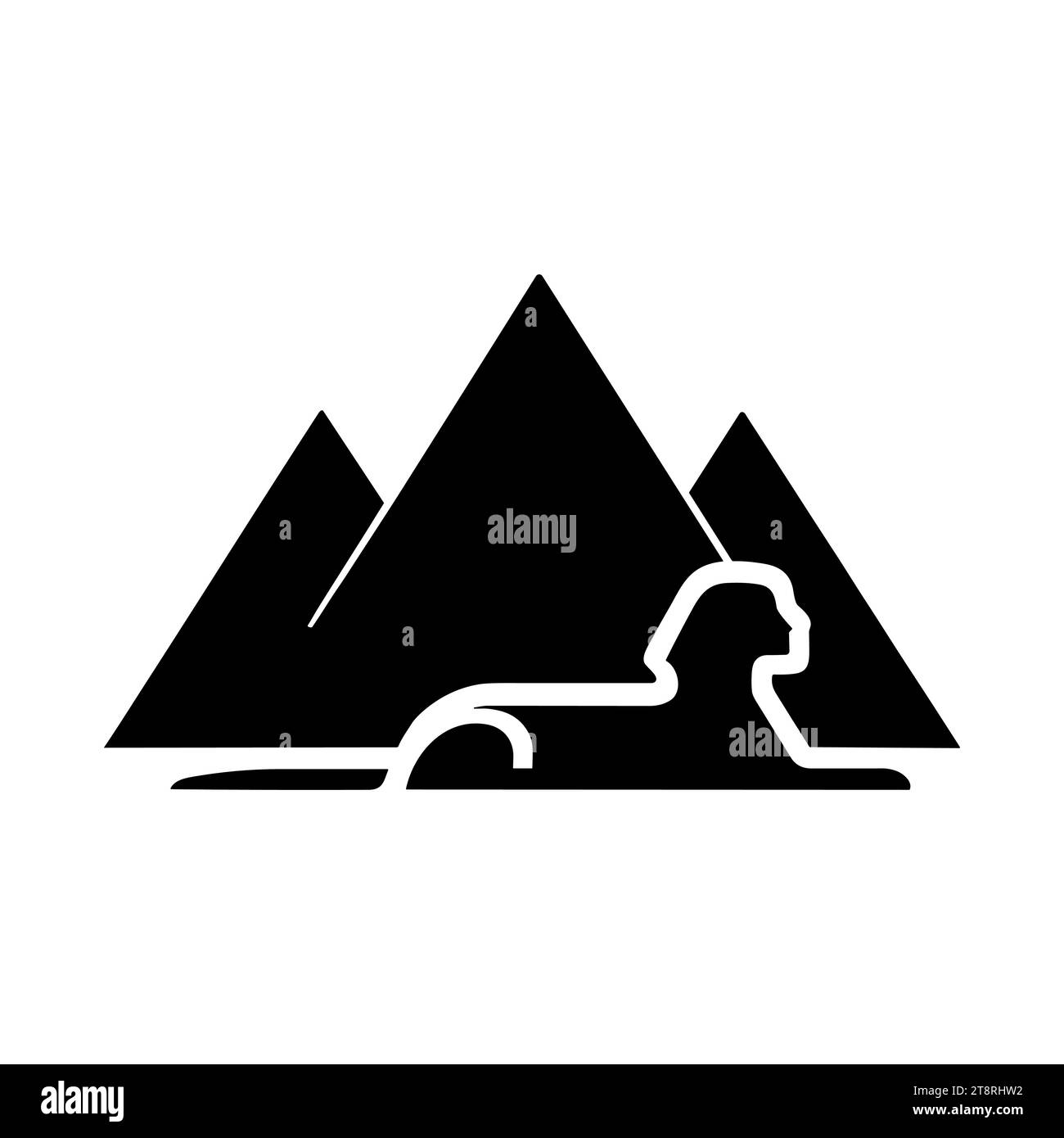 Icona della Sfinge e delle piramidi. Una silhouette nera della Sfinge in primo piano con tre piramidi sullo sfondo. Illustrazione vettoriale Illustrazione Vettoriale