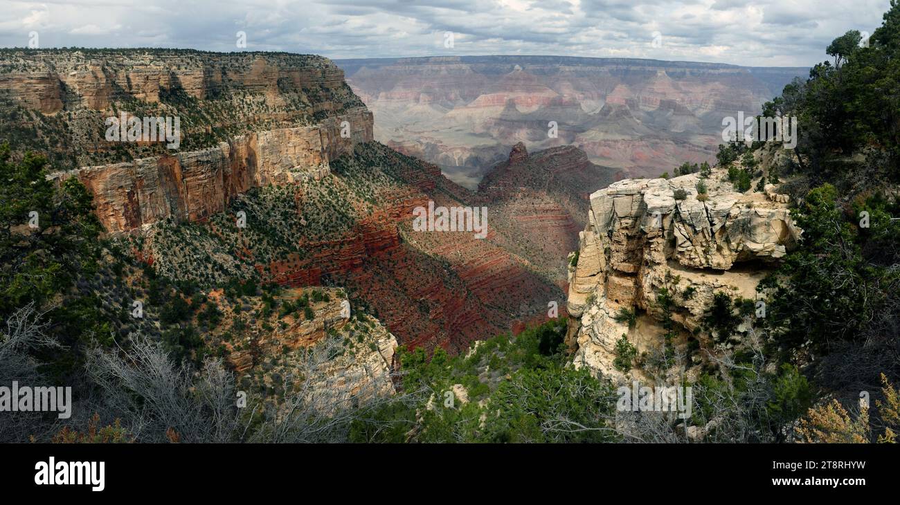 Grand Canyon National Park Arizona, combinazioni uniche di colori geologici e forme erosionali decorano un canyon lungo 446 km (277 miglia fluviali), largo fino a 29 km e profondo 1,6 km. Il Grand Canyon travolge i nostri sensi attraverso le sue immense dimensioni Foto Stock