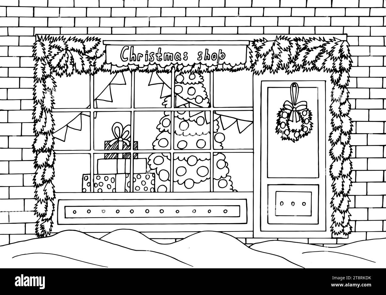 Pagina da colorare del negozio natalizio Illustrazione Vettoriale