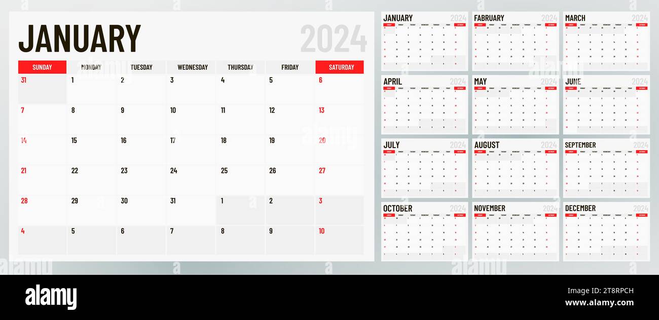 Calendario mensile classico per il 2024. Calendario in stile minimalista. Illustrazione vettoriale Illustrazione Vettoriale