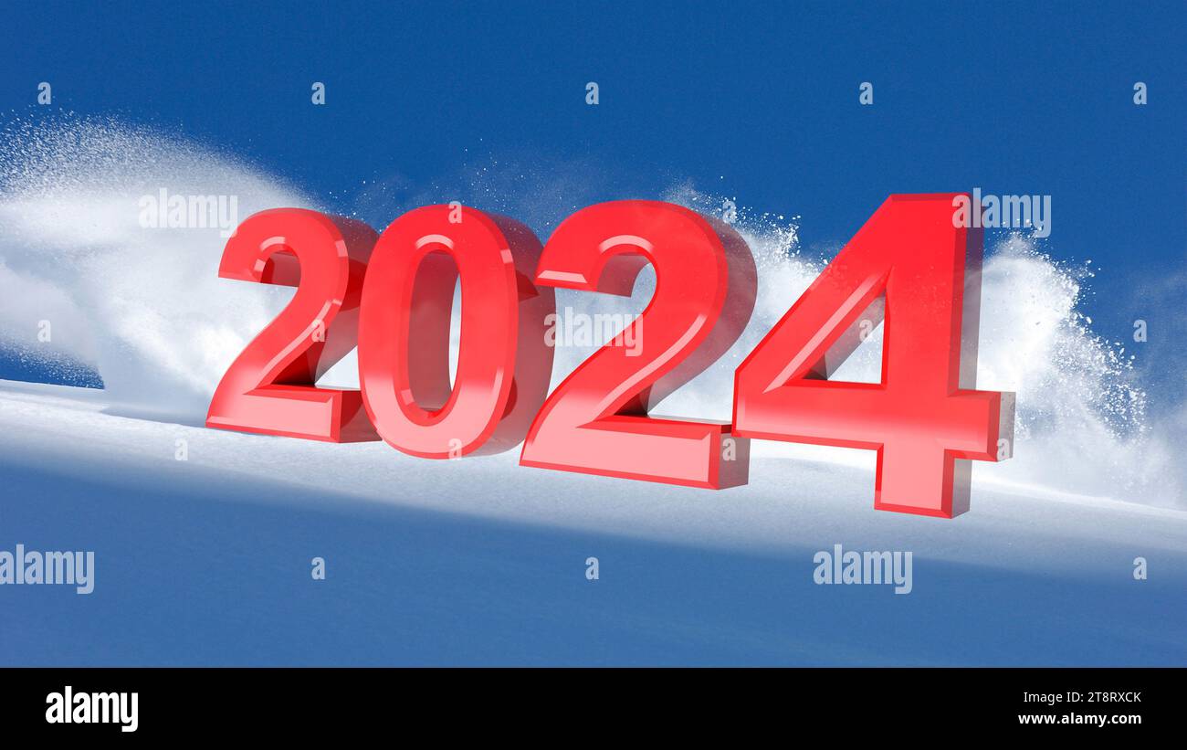 Capodanno 2024 rosso su sfondo invernale, illustrazione 3D. Foto Stock